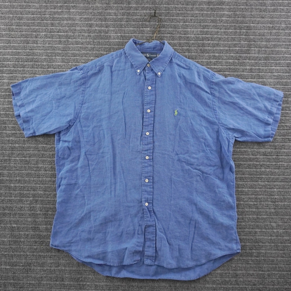 Vintage Ralph Lauren Blake Button Down Shirt Mens L Blue Linen Short Sleeve